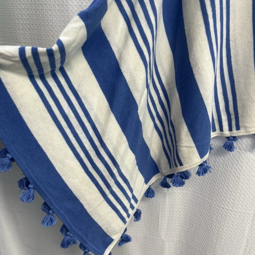 Caroline Grace Women’s‎ Blue & White Stripe Tasseled Cashmere Blend Poncho
